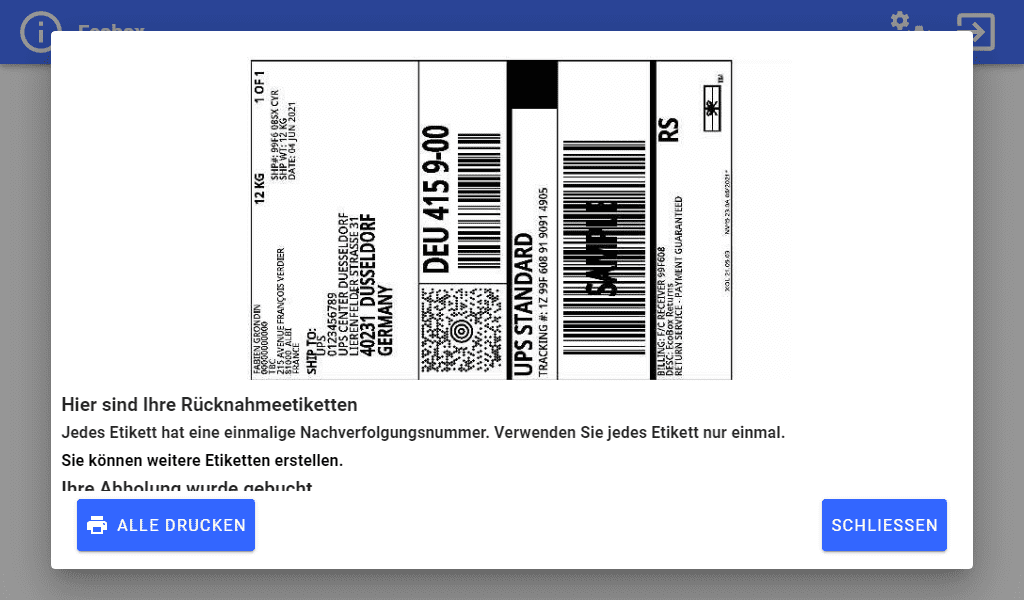 Ecobox-Konfigurationsbildschirm Rücksendeetikett für Einzelverbrauchsmaterial